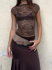 Women's Sheer Lace Tops Cap Sleeve Scoop Neck Solid Color T-Shirts Blouses - màu nâu - Xem 5