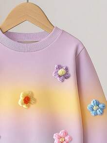 Sudadera de manga larga con cuello redondo, decoración floral 3D y degradado de arcoíris para niñas - Púrpura malva - Ver 7