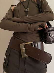 女士棕色 PU 材质宽扣复古风格腰带，凸显腰身，修身优雅万圣节夏季、学校秋季、秋季、万圣节