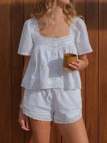 Women Lace Trim Cardigan Shirt Short Sleeve Button Down Ruffle Hem Blouse Summer Boho Tops Y2K Going Out Tops - White - View 6