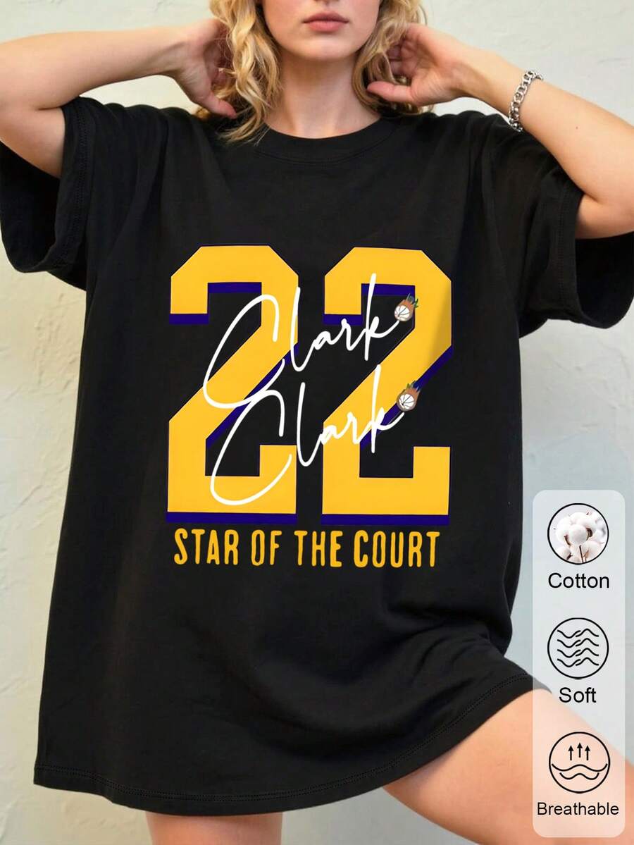 Clark 22 Caitlin T-Shirt, Loose Fit Drop Shoulder T-Shirt With Letter Print Graphic Tees Women Tops Short Sleeve Round Neck Casual Fashion T-Shirt,Perfect For Parties And Birthdays - 黑色 - 查看 1