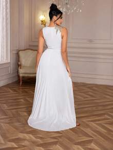 Premium Elegant 3D Flower High Slit Evening Dress Gown White Formal Prom Wedding Guest Dress, For Graduation, Dinner Party Dress - White - View 6