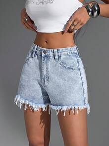 Jeanoix Slant Pocket Casual Raw Hem Denim Shorts - Light Wash - View 3