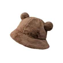 女士可爱柔软女孩毛绒绒球豹纹蓬松渔夫帽，温暖百搭韩版熊耳帽秋季服装 - 仿兔毛小熊漁夫帽 - 查看 12