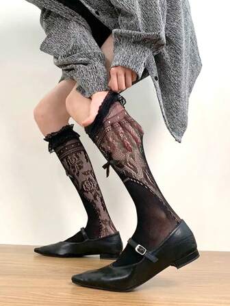 1 双法式蕾丝蝴蝶结长筒袜，黑白，Y2k