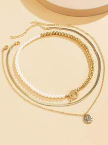 3pcs/Set Elegant Faux Pearl Beaded Necklace Set, Fashionable Metal Flat Snake Chain Necklace With Simple Gold Star & Moon Pendant, Suitable For Daily Wear, Holiday Gifts, Women Jewelry