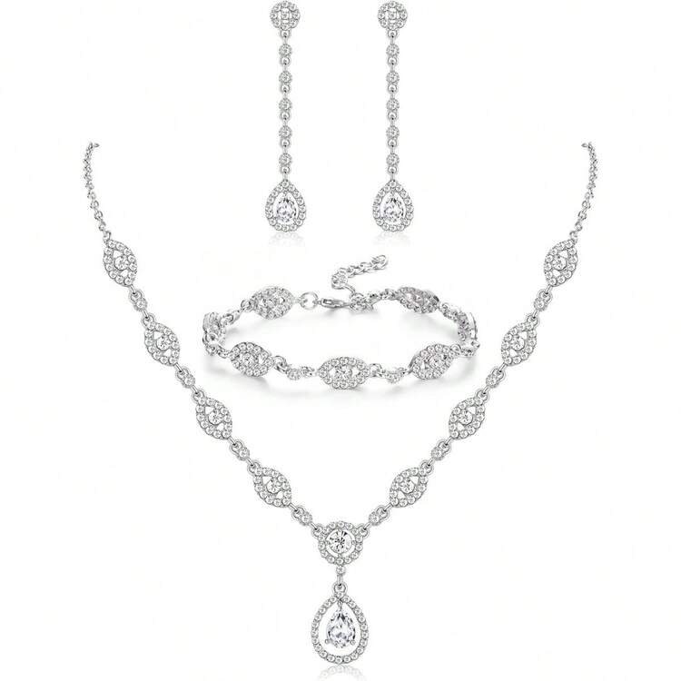 Milacolato Wedding Bridal Jewelry Set For Women Silver Prom Costume Jewelry Sets Rhinestone Crystal Teardrop Necklace Earrings Bracelet Bridesmaid Jewelry Accessories Blue Silver Red Rose Gold - 彩色 - 查看 13