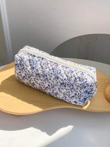 1 pieza Bolsa acolchada de gran capacidad con estampado floral azul de uso múltiple, bolsa de maquillaje de moda y casual con cremallera portátil, esencial para viajes, almacenamiento de papelería, vacaciones, cosméticos, productos de belleza, decoración del hogar, para mamá, mujeres, enfermeras, estudiantes, niñas escolares, llaves, regalos festivos