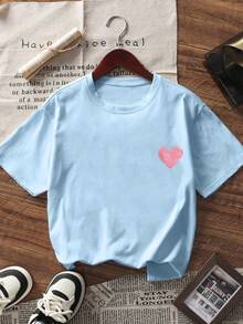 1件少女爱心印花短袖T恤，舒适时尚的夏季上衣，适合年轻学生 - 藍色 - 查看 4