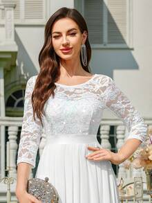 MIUSOL 优雅亮片花卉蕾丝七分袖褶裥雪纺正式派对长裙，正式晚礼服，适合婚礼宾客、毕业典礼、宴会及其他场合，白色春季款 - 白色 - 查看 8