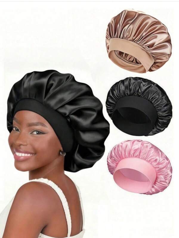 قبعة حرير للنوم قطعة واحدة، قبعات شعر من الساتان، قبعة نوم من الحرير مع حزام مطاطي ناعم، غطاء شعر حرير للشعر المجعد للنساء، قبعات بألوان سادة ذات حواف واسعة من الساتان الحريري الناعم والمريح والقابل للتنفس، قبعة نوم بأسلوب يومي