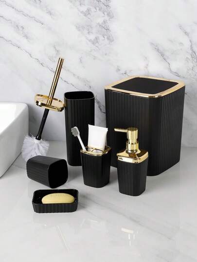 6-Pieces Bathroom Set, Hotel Bathroom Accessories, Trash Can, Toothbrush Holder, Dispenser Bottles, Soap Dish, Toilet Brush, Cleaning Rod Holder, Home Bathroom Decoration, Fall Decoration, Back To School