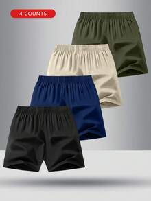 4pcs Set Tween Boy Summer Elastic Waist Casual Solid Color Shorts - Khaki - View 2