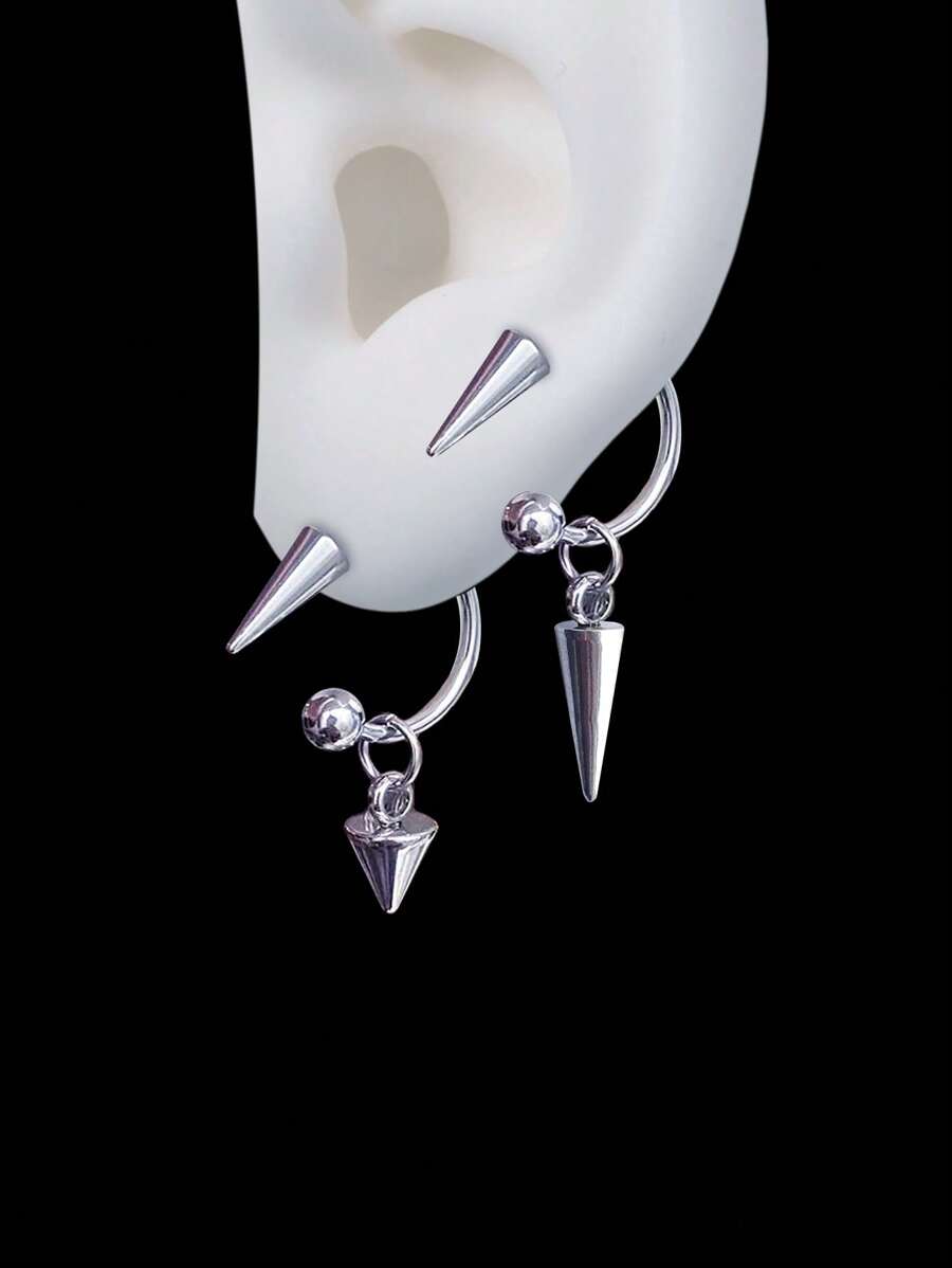 1 对锥形吊坠尖刺耳环哥特式朋克摇滚风格耳圈不锈钢螺旋穿孔耳钉适合男士