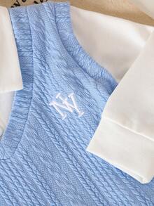 Baby Boys Knitted Jacquard Letter Embroidery Collar Mock Layer Top + Bow Decor Solid Color Casual Pants Set - Baby Blue - View 7