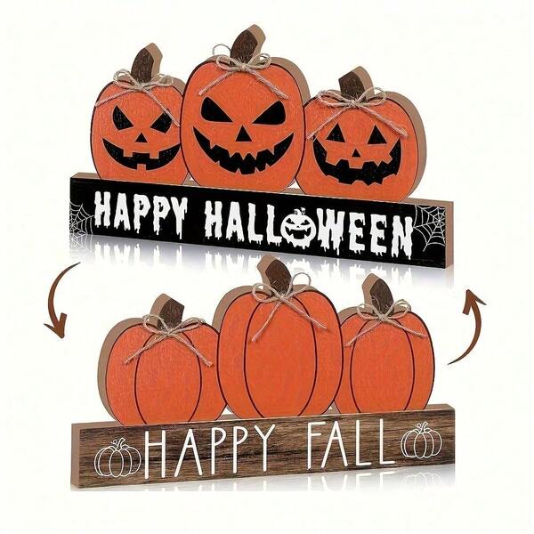 Fall Wooden Table Sign Double Side Halloween And Thanksgiving Tabletop Pumpkin Sign Decor Happy Fall Wood Block Fall Tiered Tray Decor For The Home Shelf Party Decor