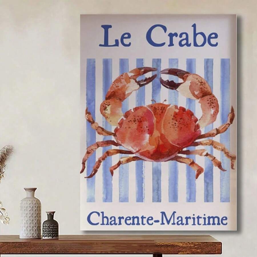 Framed Le Crabe Print, Blue Nautical, Aesthetic Kitchen Decor, French Seafood Poster, Dinner Party, Vintage Style, Retro Food Print, Lobster Crab.Home Living Room Office Wall Decor, Perfect Gift And Wall Decoration, Room Decor, Wall Art Decor, Wall Decor, Living Room.