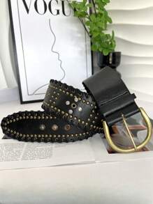 1 件几何图案波西米亚复古 PU 皮革铆钉水钻编织宽腰带，适合裤子、裙子、各种节日、音乐会、Y2K、朋克、复古、西部牛仔风格秋季、秋季、万圣节 - 彩色 - 查看 9