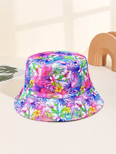 قبعة دلو قابلة للعكس مطبوعة بنقش الفلامنجو للنساء، قبعة حماية من الشمس للصيف للسفر والعطلات