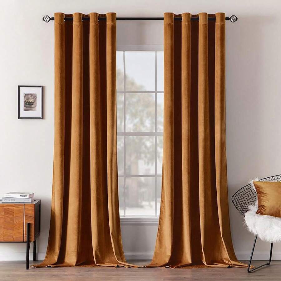 2 Panels Blackout Curtains Solid Soft Grommet Mustard Yellow Thermal Insulated Soundproof Room Darkening Curtains/Drapes/Panels Fall Living Room Bedroom 52 X 90 Inch - Gold Brown - 查看 1
