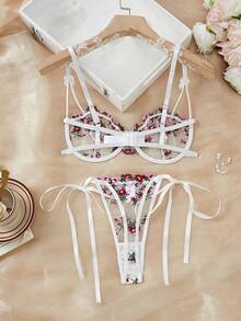 Women's Sexy Floral Embroidered Mesh Lingerie Set, Rave - White - View 5