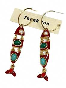 Brincos com Padrão de Peixe, Design Retrô Espanhol, Brincos Pingente com Design em Formato de Peixe e Acabamento em Esmalte, Personalizado, Luxo Leve e Temperamento Generoso