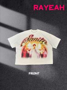 Fashionable Men's Round-Neck Printed Casual Short-Sleeved T-Shirt, Y2K Street Dance Street Retro Style 180g Pure Cotton, Cartoon Graffiti Maintaining Faith Pattern Short-Sleeved Versatile Summer Must-Have T-Shirt Top For Both Men And Women - 白色 - 查看 1