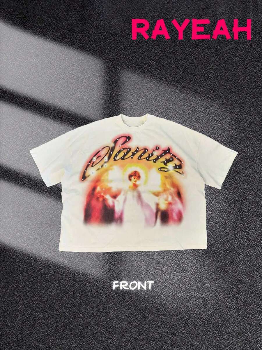 Fashionable Men's Round-Neck Printed Casual Short-Sleeved T-Shirt, Y2K Street Dance Street Retro Style 180g Pure Cotton, Cartoon Graffiti Maintaining Faith Pattern Short-Sleeved Versatile Summer Must-Have T-Shirt Top For Both Men And Women - 白色 - 查看 1