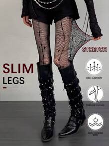 1 Pair Of Punk Style Black Cross Pattern Fishnet Socks, Ladies' Hollow Pantyhose, Gothic Sexy Perspective High Waist Stockings. - Black - View 5