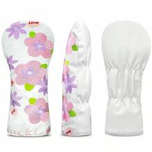 紫桃花白色背景高尔夫球杆套，杆头保护套，适用于一号木杆、球道木杆、混合杆、推杆等，完美刺绣。 - 紫色 - 查看 3