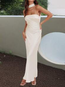 Summer Dresses For Women Vintage Maxi Dress Elegant Bodycon Dress Stylish Solid Color Satin Long Dress Fashionable Open Back Strapless Sleeveless Party Dress Cocktail Party Dress Daily Clothes Streetwear Aesthetic Clothes - Rượu sâm banh - Xem 3