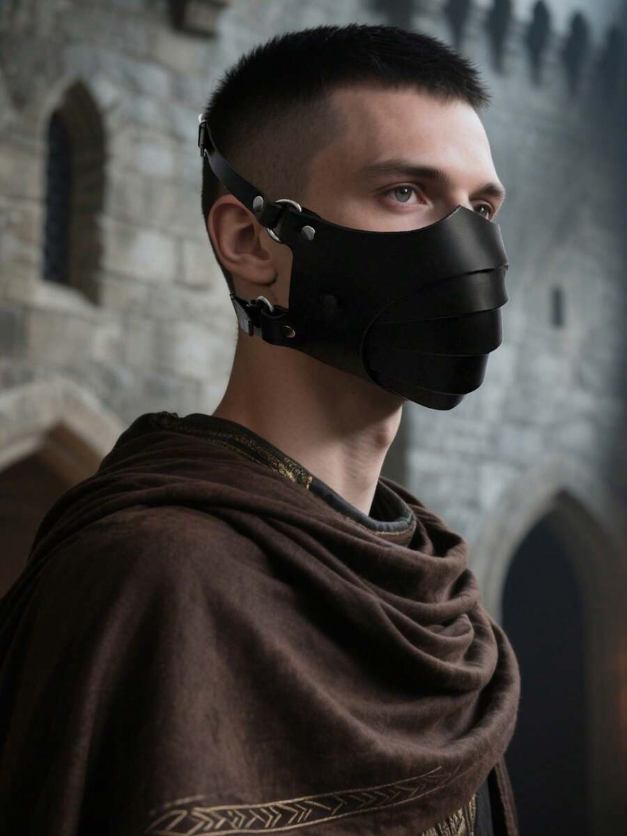 1 chiếc mặt nạ nửa mặt thời Trung cổ Viking, mặt nạ da PU điều chỉnh được, chống bụi, thích hợp cho Halloween, cosplay, đạo cụ LARP. - A - Xem 1