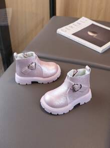 1 双儿童靴子，秋冬新款女童男童防滑短靴，幼儿皮靴 - 粉色 - 查看 3