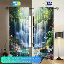 2pcs Nature Style Waterfall & Forest Landscape Blackout Curtains, Polyester, With Rod Pocket, Modern Design, Machine Washable, Suitable For Bedroom And Multiple Rooms - Multicolor 2 - View 5