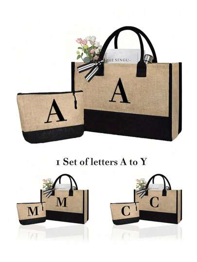 1 Set Minimalist Initial Letter Tote Bag With Makeup Bag, Travel Organizer Bag, Large Capacity Travel Makeup Bag, Suitable For Shopping, Shoulder Bag, Handbag, Couple, Daily Use, Date, Vacation, Beach, Travel, Commute, Student, Picnic, Camping, Supermarket, Daily Storage