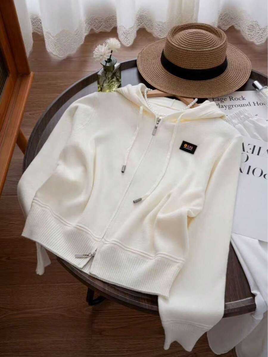 Letter Embroidery Solid Color Drawstring Hooded Knit Cardigan - Apricot - View 1