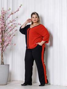 Maison Raglan Sleeve Blouse And Plus Size Summer Pants Set - Terracotta - View 3