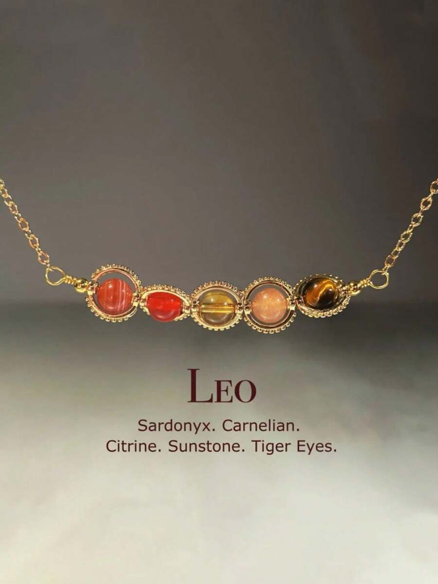 手工狮子座水晶项链，十二星座项链，红玉髓，日光石，虎眼石，红玛瑙，黄水晶，天然星座首饰，生日礼物