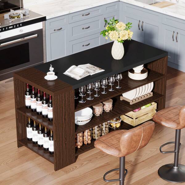 Tribesigns 55" Kitchen Island With Storage, Wood 5-Tier Stationary Island Table With 5 Shelves, Large Countertop Coffee Bar Table Storage Cabinet For Kitchen, Dark Brown