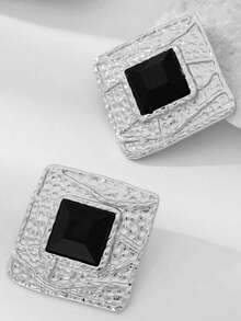 1 对奢华时尚夸张创意波浪纹方形水钻耳钉，适合女士晚会、鸡尾酒会、旅行、节日礼物 - 古銀色+黑色 - 查看 2