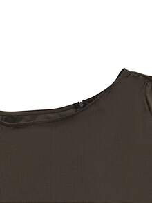 优雅时尚斜肩褶裥设计长袖阔腿连体裤，秋季新品，女士秋季穿搭，商务休闲 - 棕色 - 查看 5