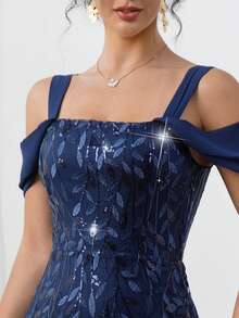 女式深蓝色刺绣露肩A字长款闪亮派对生日连衣裙 - 寶藍色 - 查看 4