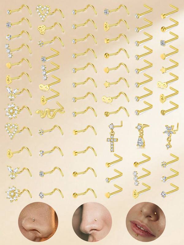 16pcs Funky Stainless Steel Heart Flower Cubic Zirconia Nose Studs For Women For Daily Decoration, 20G Gold Nose Rings Studs Nose Piercing Jewelry Nose Rings 8mm Nose Studs Earrings Studs