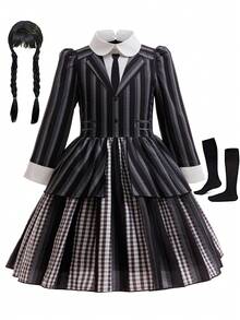 女学生学院制服服装条纹连衣裙假发+袜子3件套服装套装儿童万圣节狂欢节角色扮演生日派对儿童化装舞会 - 黑色 - 查看 2