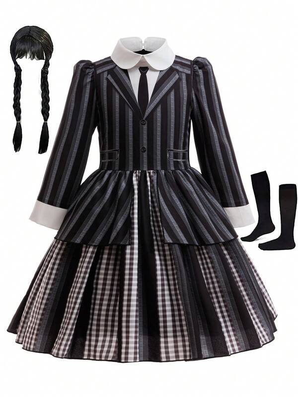 Girls Student Academy Uniform Costumes Stripe Dress Wig+Socks 3pcs Outfits Set Kids Halloween Carnival Cosplay Birthday Party Children Fancy Dress UP