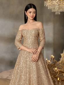 Alisa&Leo Teen Off-Shoulder Sequin Evening Gown With Three-Quarter Sleeves & Flowy A-Line Silhouette | Sparkling Formal Dress For Gala Dinners, Red Carpet Events, Graduation Balls, Black-Tie Weddings, And Award Ceremonies - 香檳色 - 查看 6