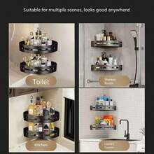 Corner Shower Caddy, Adhesive Shower Shelf Without Drilling, No Drill Bathroom Triangular Storage Rack, Wall-Mounted With 2 Hooks Back To School - Dark Grey - View 7