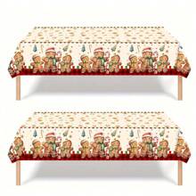 1 pieza Mantel de plástico con tema navideño, 137*220cm Cubierta de mesa para fiesta de Navidad - Diseño de hombrecillo de jengibre y árbol de Navidad | Mantel de plástico desechable, decoración de mesa de comedor navideña, decoración navideña