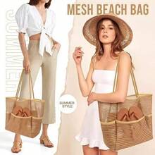 1pc Women's Mesh Beach Tote Bag, Suitable For Picnics, Shoulder Carry Tote Bag, Pool & Leisure Travel Bag, Essential For Beach Vacation, Foldable With Zipper Pocket Large Swimsuit Beach Bag, Waterproof And Anti-Sand Mini Pocket, Suitable For Women Beach Bag, Fit For Picnic, Vacation, Swimming, Beach Travel, Storage Tote