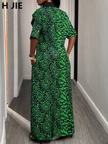 1 女款秋季绿色全长不对称印花中长连衣裙，优雅休闲，适合外出度假或聚会